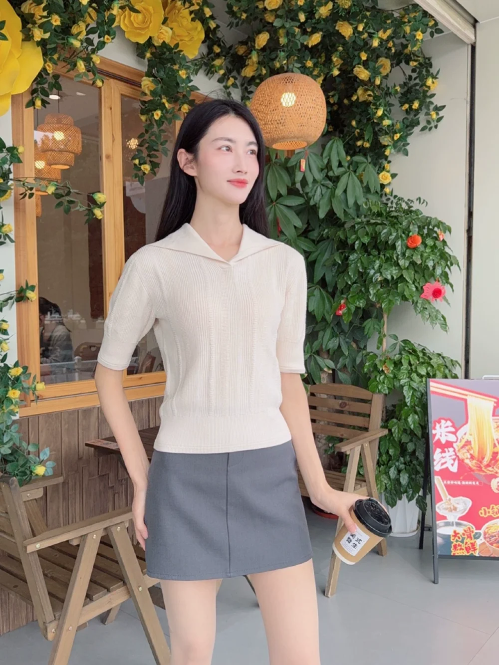 

XIMIAN APPAREL 2026 YAZHIMEI cos spring new style of Women's casual ivory crew-neck short-sleeved rib-knit sweater