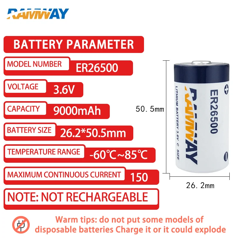 ER26500 No.2 C size 3.6V primary lithium battery with 51005 plug added for intelligent water meter robotic arm driver