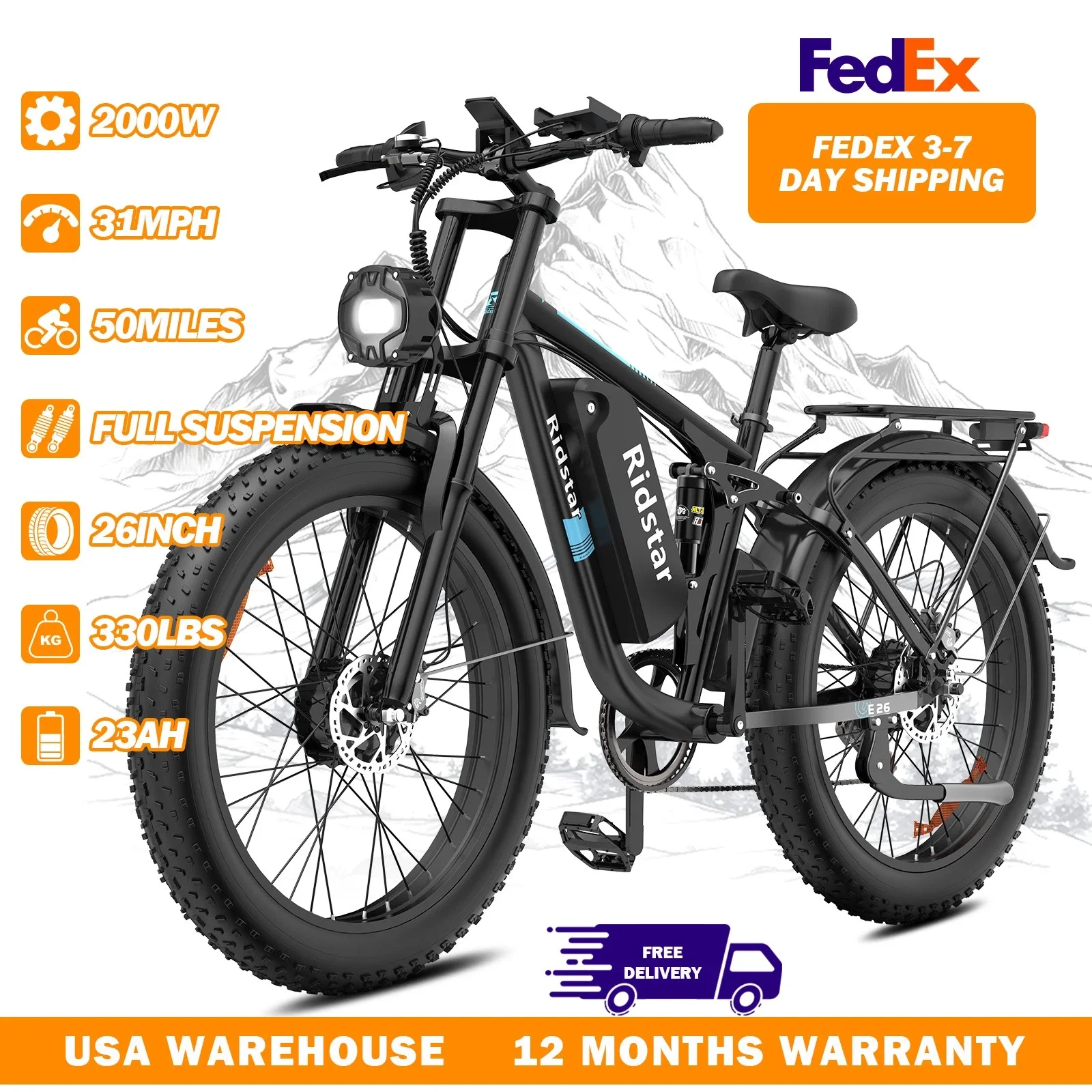 

Электрический велосипед Ridstar 2000 Вт, 48 В, 23 Ач, 26 дюймов, электровелосипед с толстыми шинами для взрослых, двойной мотор, гидравлические тормоза, полная подвеска, электрический велосипед MTB