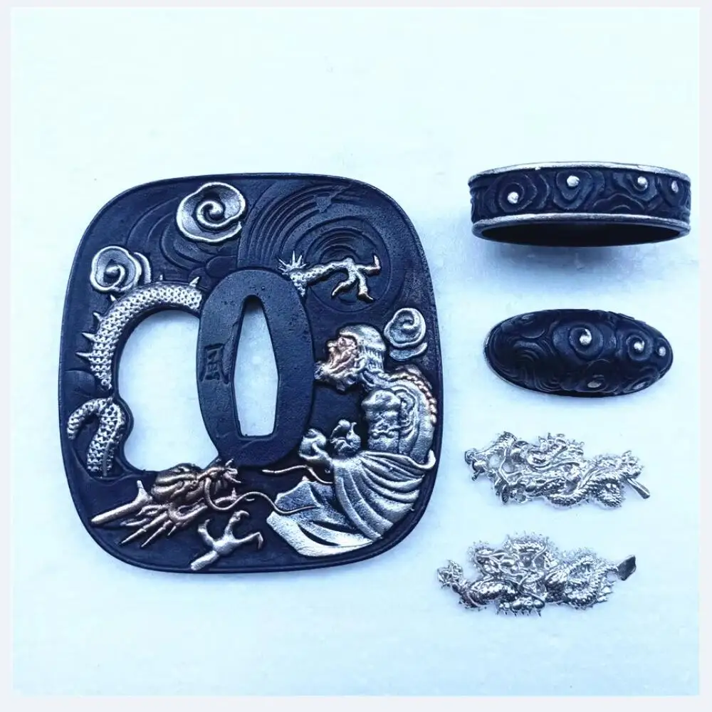 Dragon Set Copper Tsuba Menuki Fuchi Kashira For Japanese Sword Samurai Katana Plated Gold & Silver Wakizashi DIY Fittings