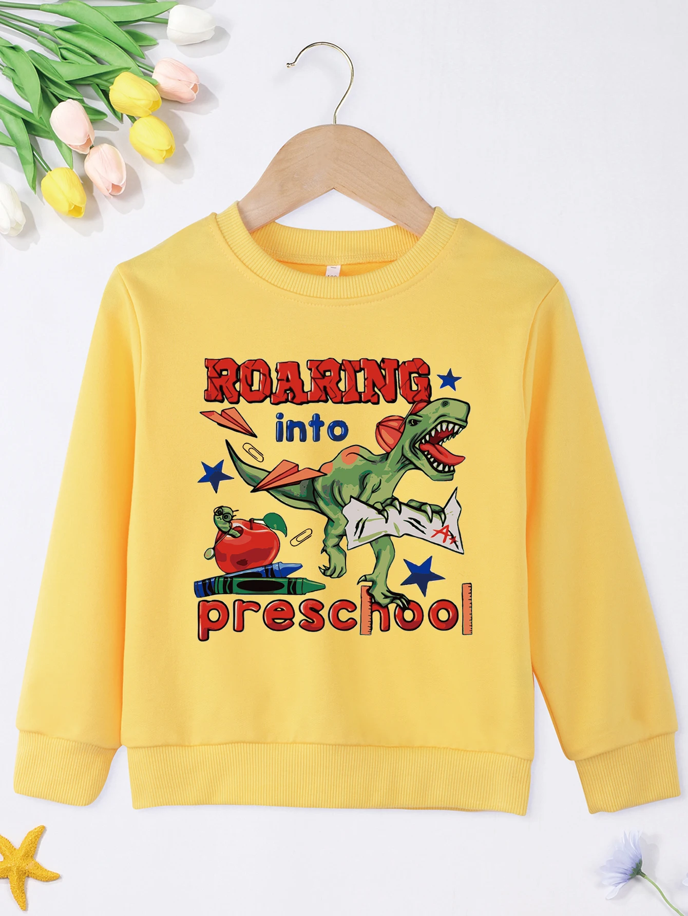 Loose Dinosaur ROARING INTO PRESCHOOL Print Baby Boy Girl Sweatshirt Kid Pullover