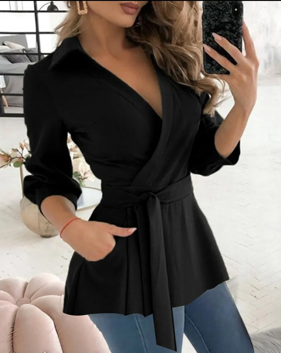 Spring Autumn Printed Work Shirt Tops Women Casual V Neck Long Sleeve Party Club Business Blouse Top with Belt