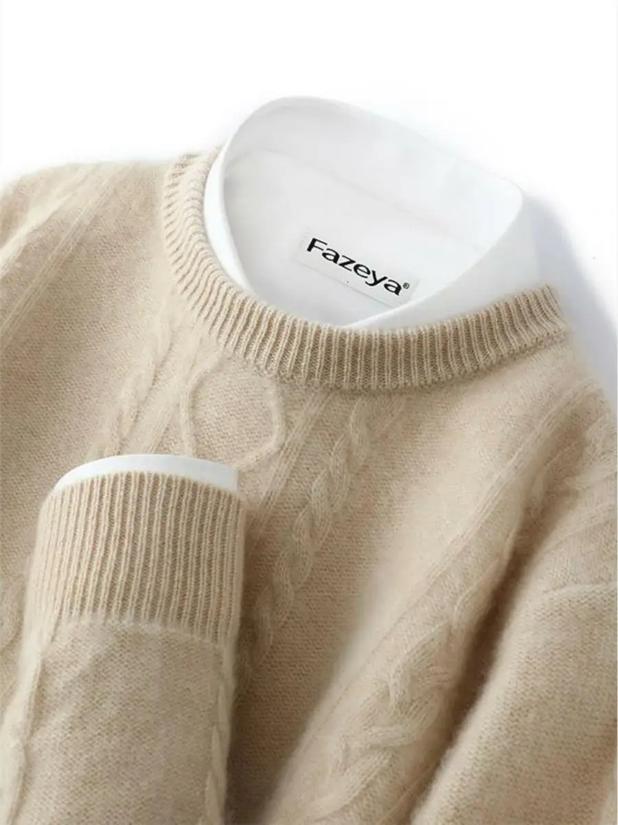 

Autumn Winter New Sle 00 Pure Wool Knitted Sweater Men's round Ne Twisted Flower Loose Thi Overhead Knitwear Base irt