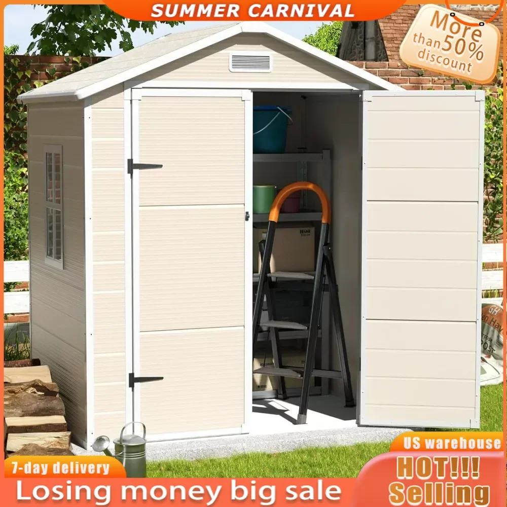 

Outdoor Storage Shed, 6x4.5 FT Resin Shed with Floor and Lockable Door,Waterproof Tool Sheds & for Bike, Garbage Cans, Sandstone