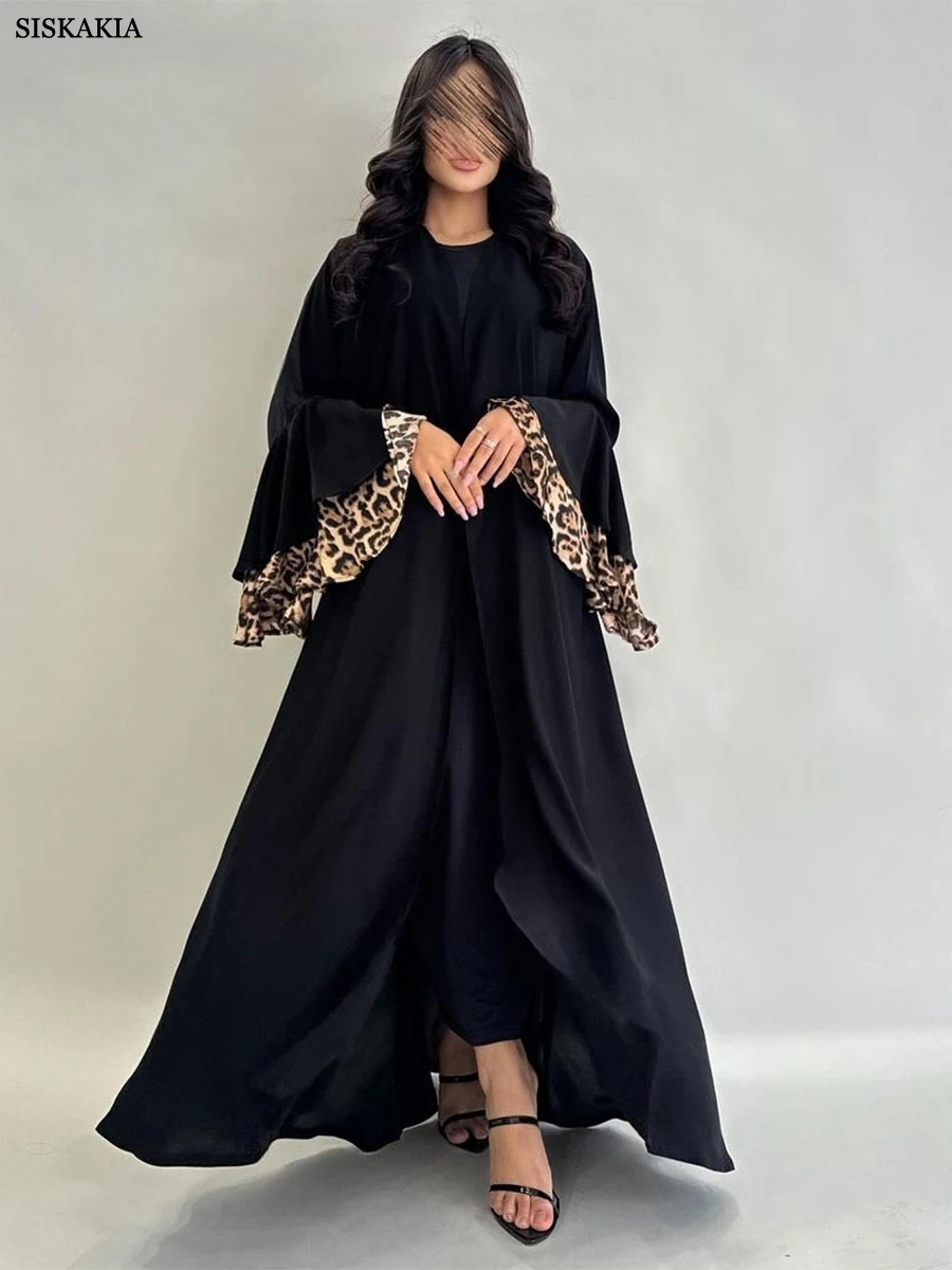 Siskakia Ramadan Eid Mubarak Clothing Leopard Print Sleeve Abayas Casual Loose Maxi Dress O-Neck Polyester Kebaya