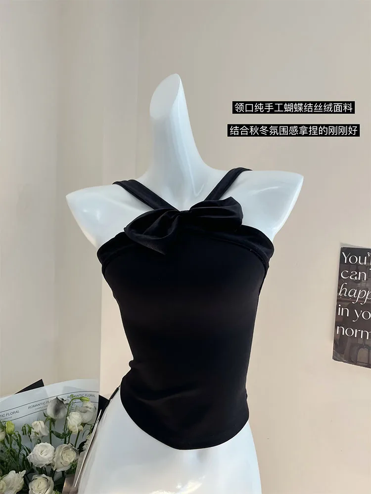 American Retro Black Vest Off Shoulder Sleeveless Casual Women Vintage Sexy Bow Tank Tops Gothic Chic Backless Camisole Clubwear