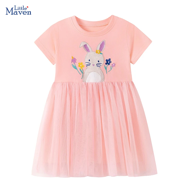 Little maven Summer 2026 Kids Clothes Baby Girls Cartoon Rabbits Princess Children's Clothing Birthday Mesh Dresses 2-7 Years