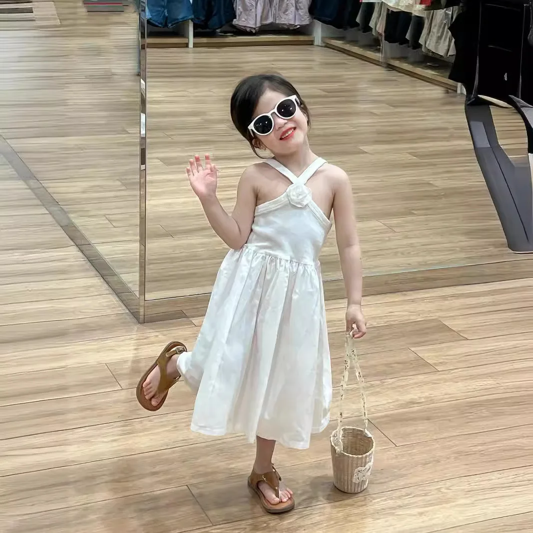 Faldas para niñas, novedad de verano 2023, ropa para niños, temperamento blanco, pequeña fragancia, vestido de princesa con cuello Halter, informal, sencillo