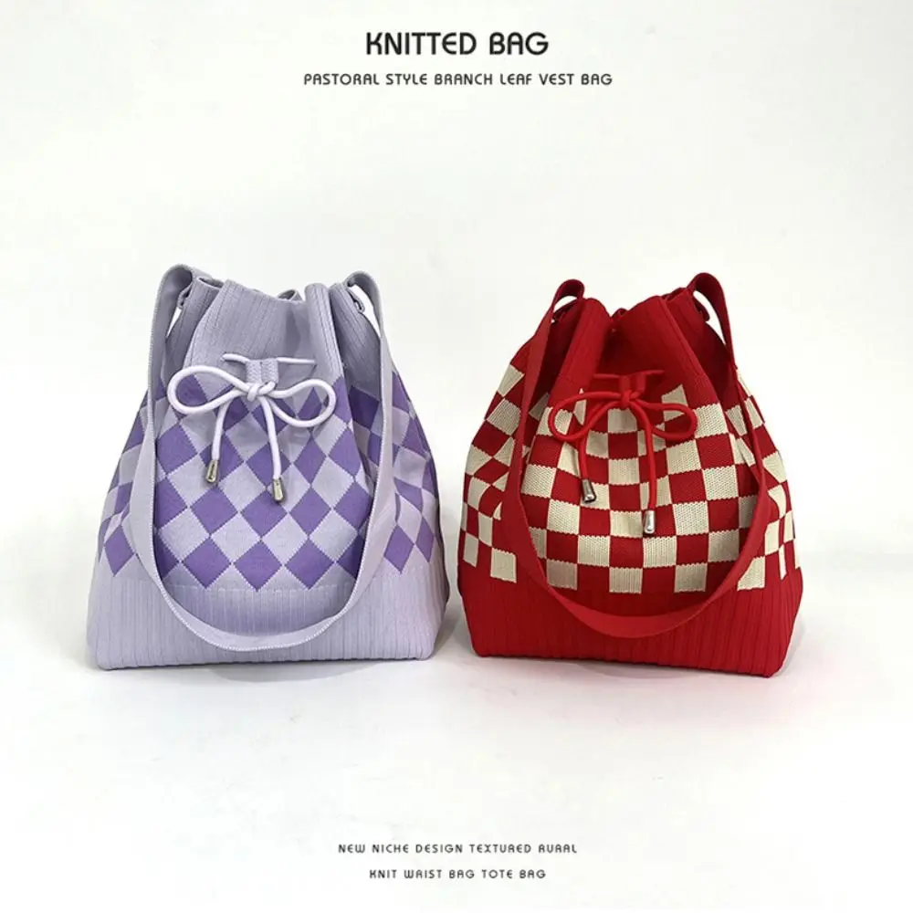 Bundle Pocket Houndstooth Bucket Bag Soft Commute Diamond Drawstring Bag Handbag Large Capacity Knitted Checked Shoulder Bag