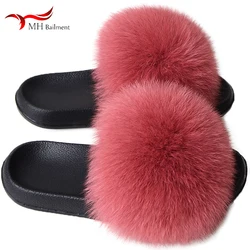 Pantofole in vera pelliccia di volpe donna estate Indoor Fluffy Flat Raccoon Fur Slides Outdoor Fashion Casual Beach Shoes Plus Size Shoes