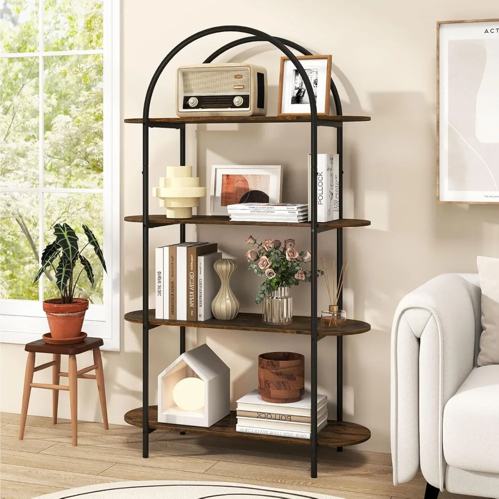 

4 Tier Arched Bookshelf, 61.5” Tall Storage Bookcase with Open Display Shelves & Metal Frame, Industrial Modern Freestanding
