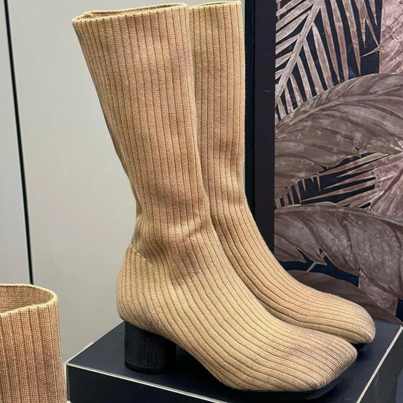 

High Quality Slimming Elastic Boots round Column Heel Boots Knitted Ankle Boots High Heel Short Boots Autumn Winter Ne...