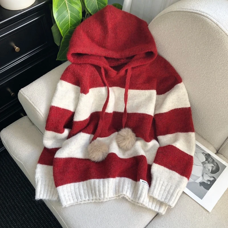 Autumn Winter New Korean Style Kawaii Knitwaer Versatile Contrasting Stripes Loose And Simple Red Pullovers Hooded Sweater Women