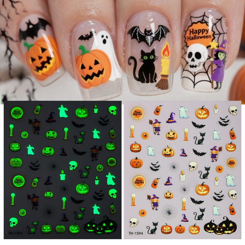 

3D Cartoon Halloween Nail Art Stickers Luminous Witch Black Cat Pumpkin Nail Decals for Festival Nail Decoration Manicure