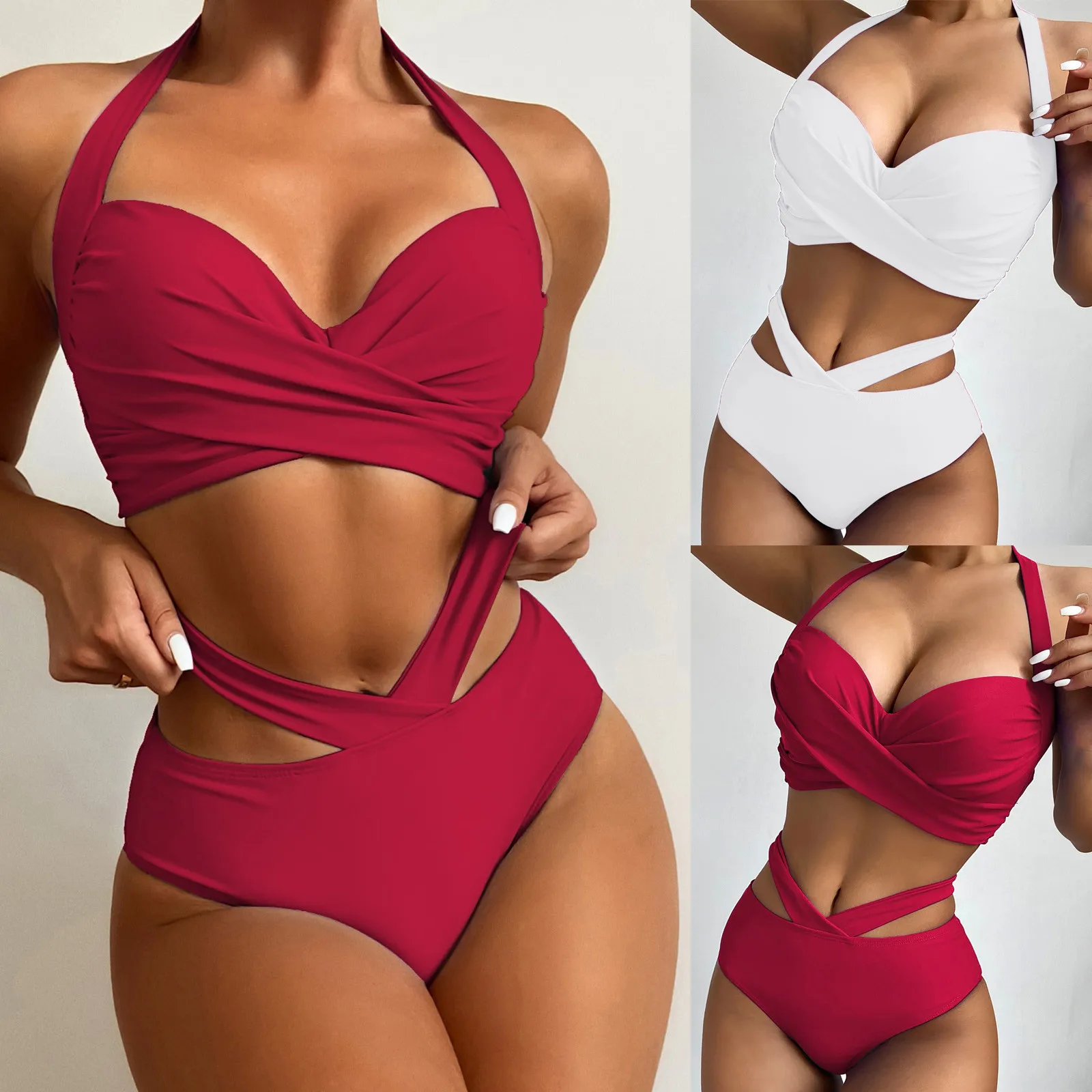 Sexy Hot High Waist Halter Two Piece Swimsuit Women Halter Bikini Sets Swimwear Luxury Beach Mujer Bandage Swimming Suit