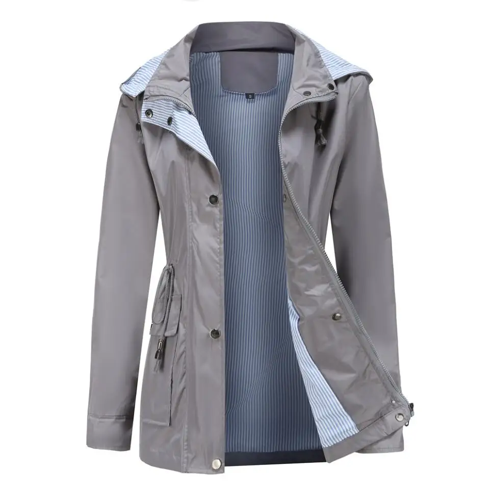 Purple Hooded Jacket for Spring 2025 Women's Office Fashion Women Outerwear Hat with Removable Waist Drawstring Water Proof