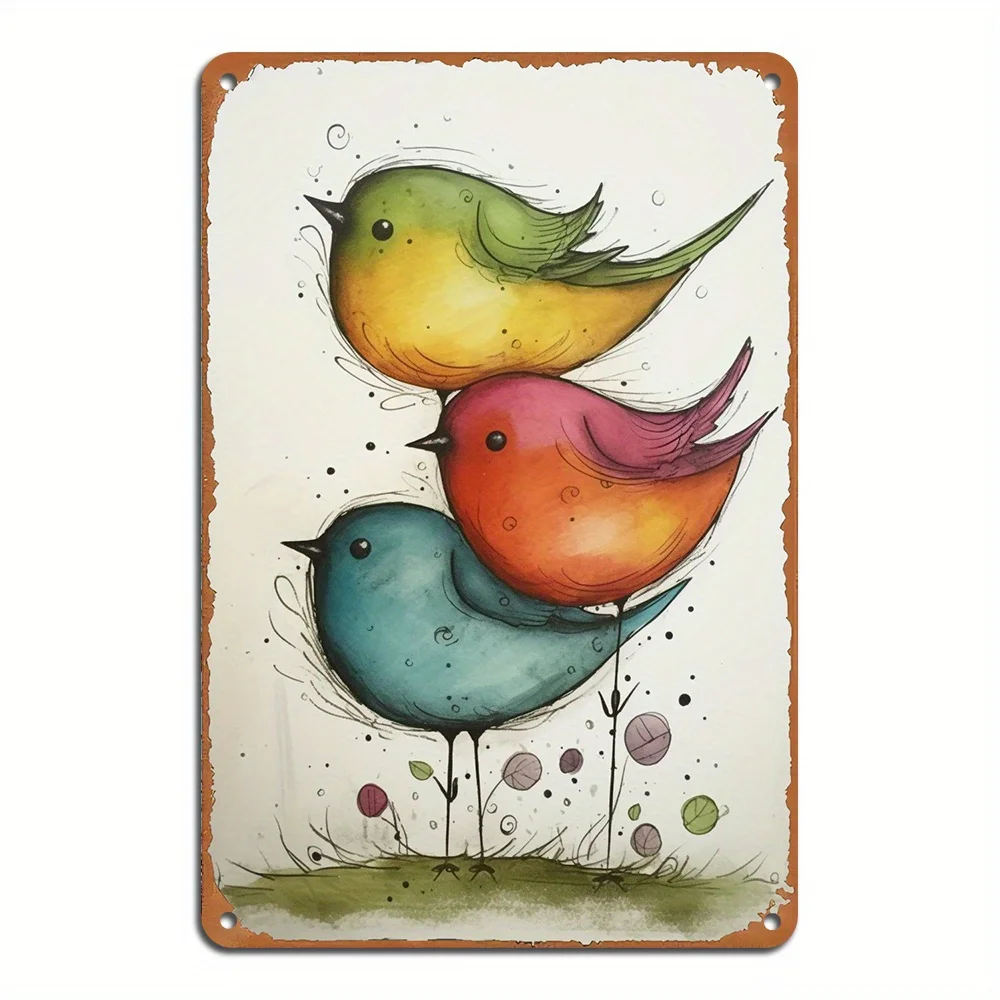 [2D Flat] Tricolor Bird Vintage Metal PainIrong Art Sign Wall Decoration Windproof Sheet Metal PainIrong Art Sign for Indoor