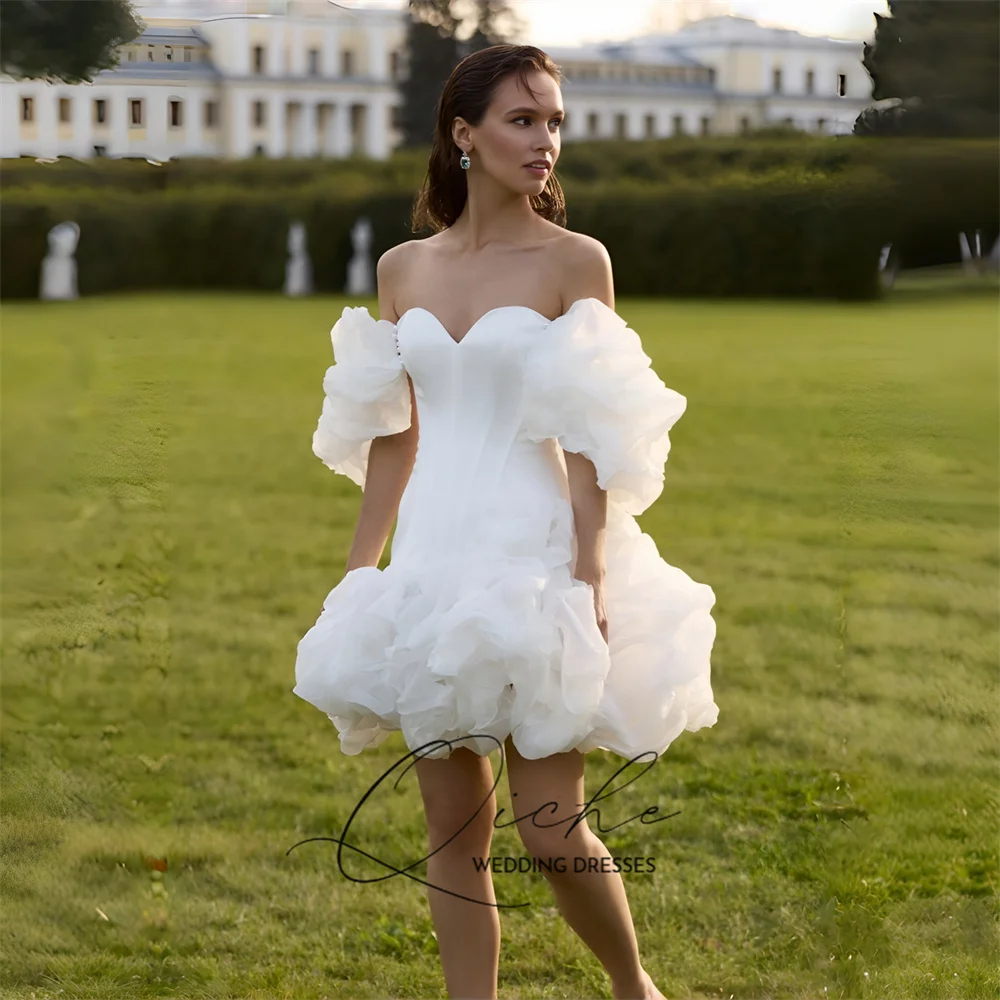 QICHE Luxuriöses kurzes Satin-Hochzeitskleid in A-Linie für Damen, schulterfrei, mit Falten, herzförmiger Ausschnitt, Brautkleid, Vestido De Noiva, individuell gestaltet