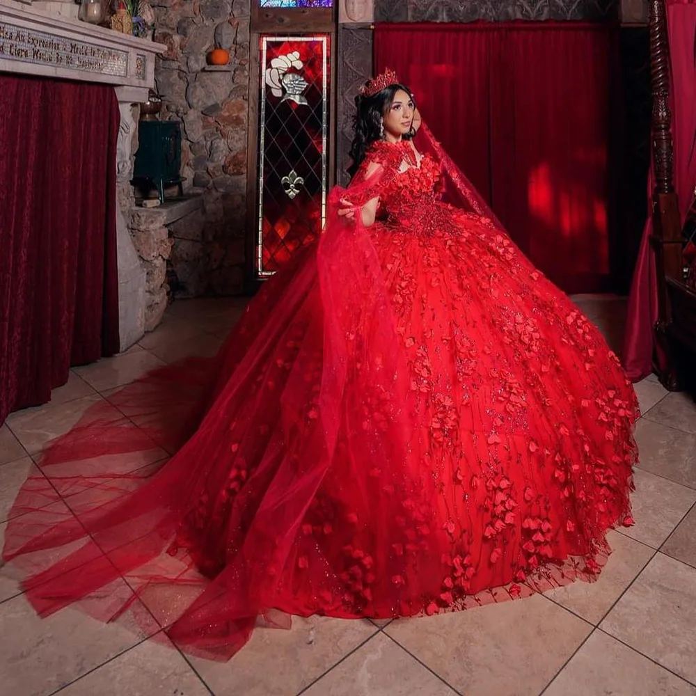 Rote 3d Blumen Pailletten Spitze Ballkleid Quince anera Kleider mit Cape Korsett süß 16 Vestidos de XV Años