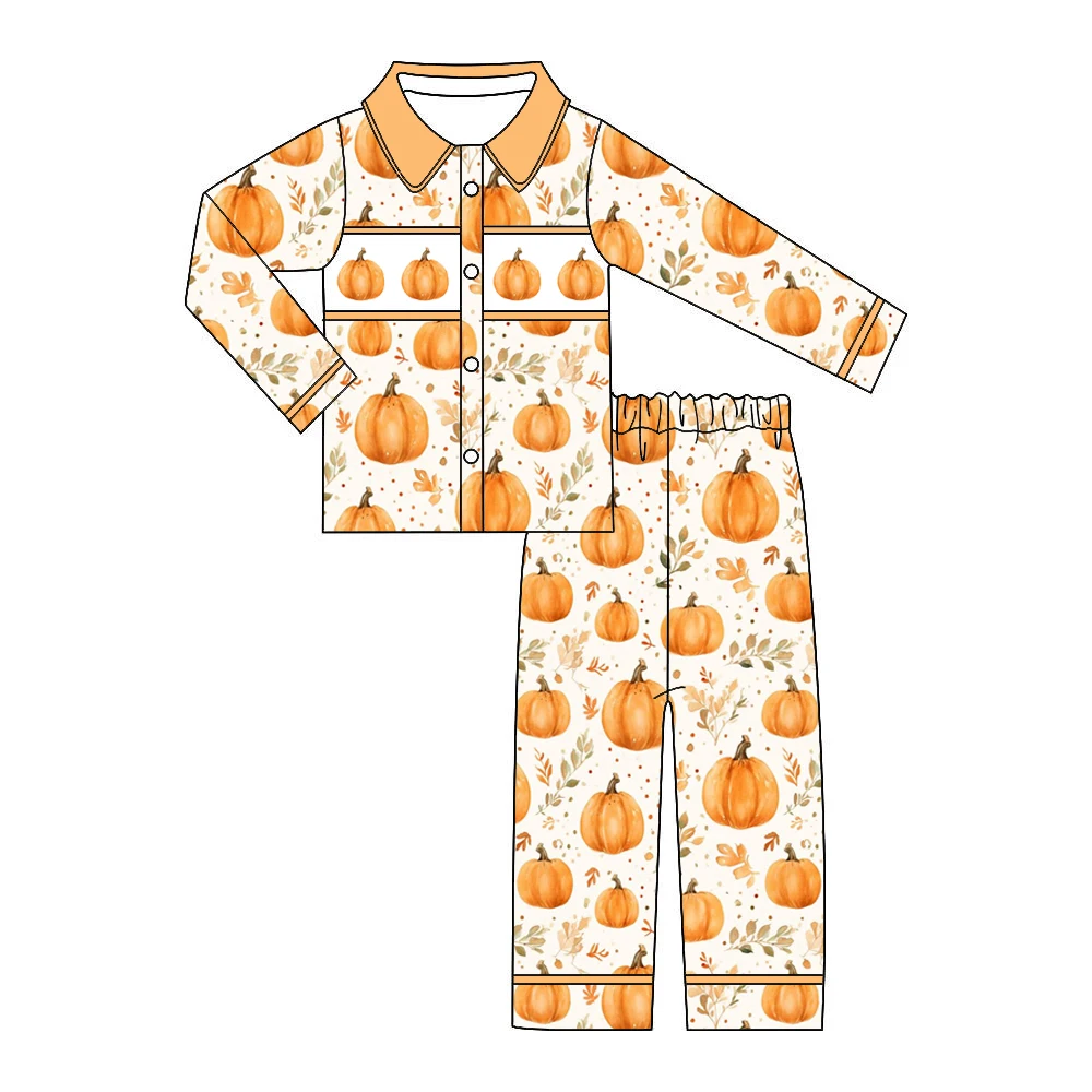 Thanksgiving Themed 3-Piece Children's Suit with Pumpkin Print Short-Sleeved Lapel Pajamas Set for Girls And Boys Boutique Style