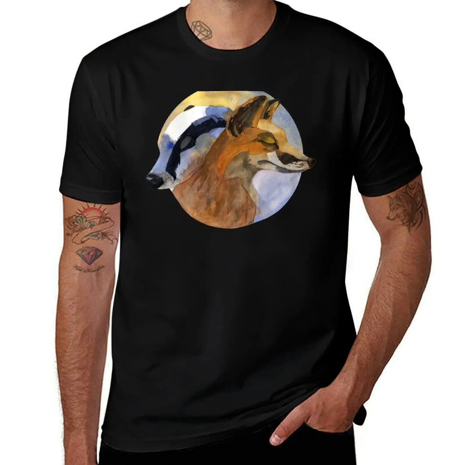 

background hug T-Shirt and wildlife - badger t T-Shirt - fox man shirt watercolor art graphic copper comforting