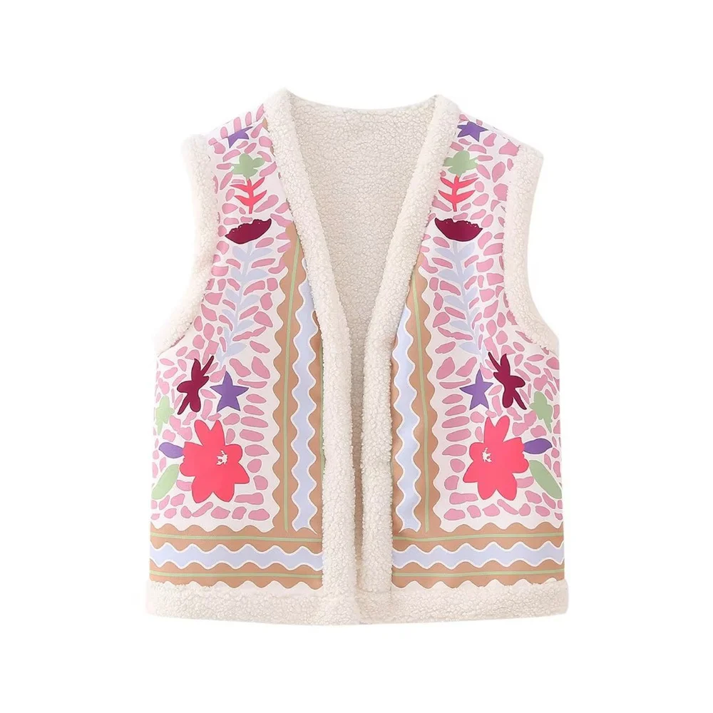 Women Vintage Print Cotton Plush Vest 2023 Autumn Winter Fashion Sleeveless  Cardigan Thicken Tops Female Chic Streetwear Vest