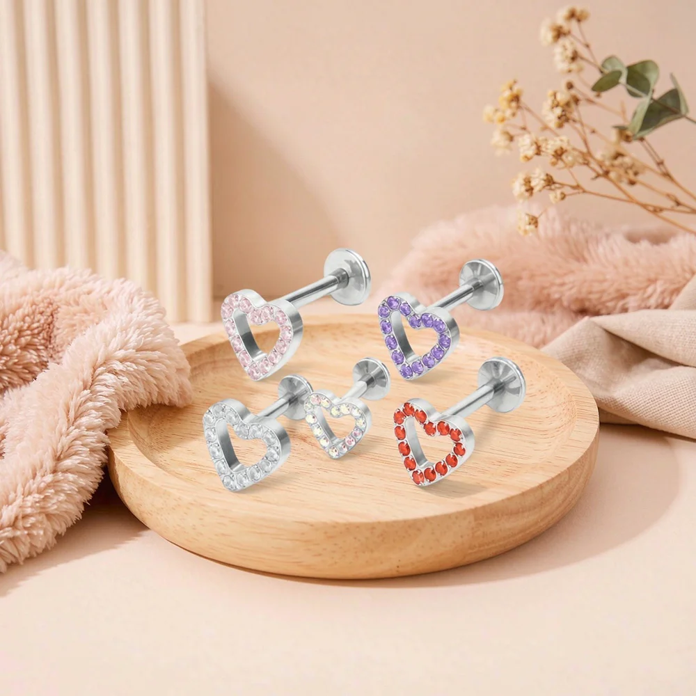 ASTM F136 Titanium Heart Shaped CZ Labret Earring Internally Threaded - Cartilage Tragus Medusa Lip Monroe Body Jewelry