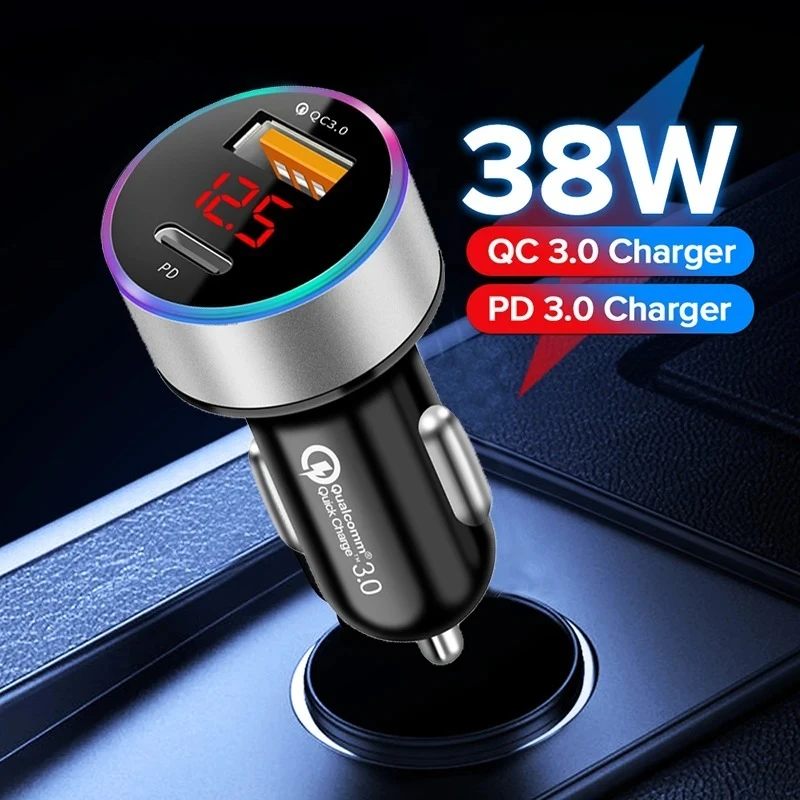 

Автомобильное зарядное устройство PD+USB QC3.0 38W для быстрой зарядки телефона, адаптер для прикуривателя 12-24В с LED-вольтметром