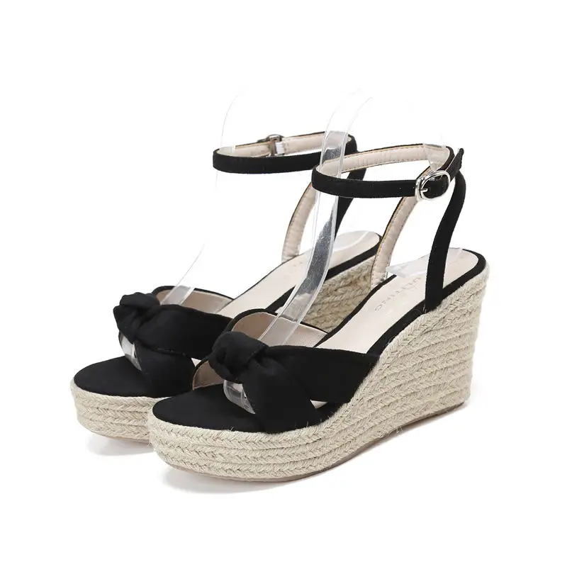 Size 30-43 Wedge Straw Sandals Women\'s Summer Open Toe High-heeled Platform Black Shoes With Ankle Strap