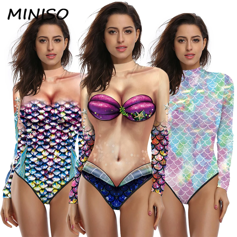 MINISO Women Mermaid Cosplay Costumes Long Sleeve Party Outfits Swimwear Chroma Fish Scales Print Bodysuit Sexy Swimsuit