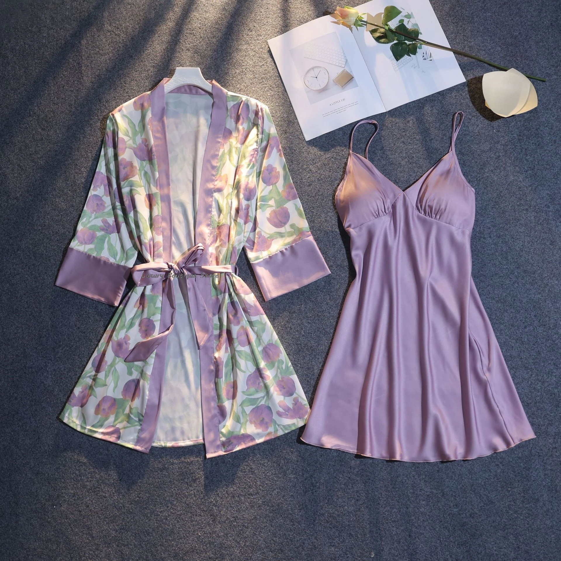 Floral Print Women Summer Pajamas Half Sleeve Belt Cardigan Chest Padded Slip Dress 2 Piece Set Women Outfits Chic Homewear Suit