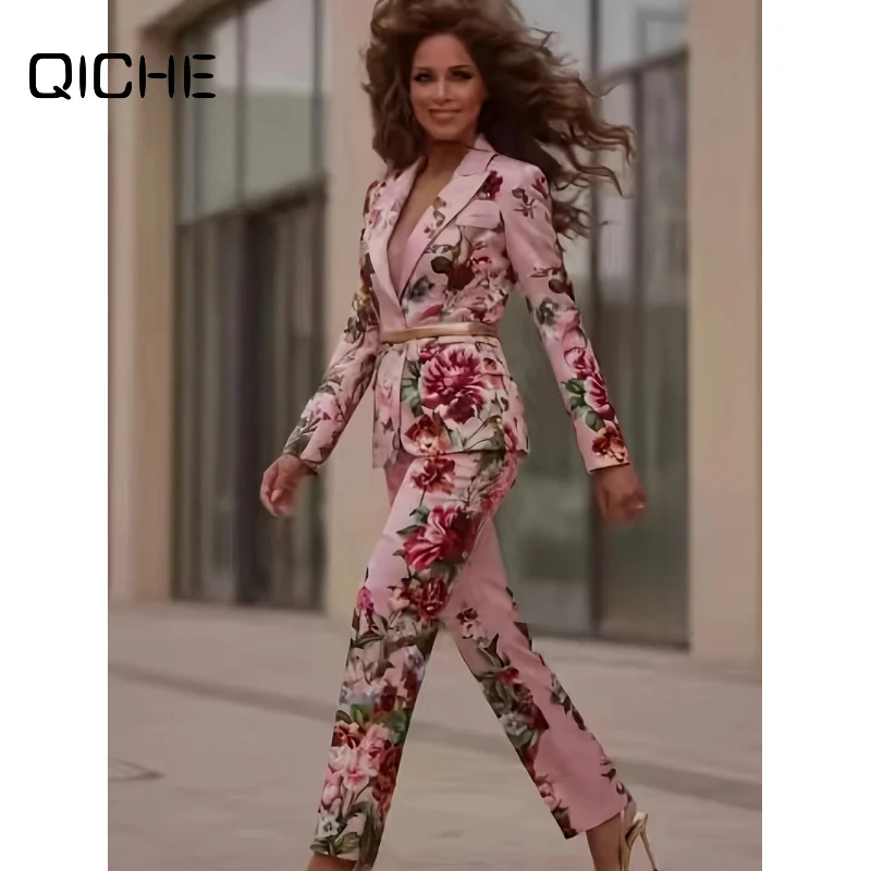 QICHE New Blazer Suits Women Satin‑Craft Floral‑Print‑Detail Elegant‑Texture Long‑Sleeve Jacket Daily Outfit
