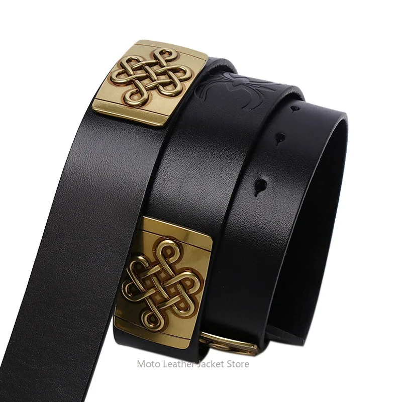 Men's Mongolian Style Ethnic Embossed Leather Belt Ruyi Knot First Layer Cowhide Personalized Waist Strap
