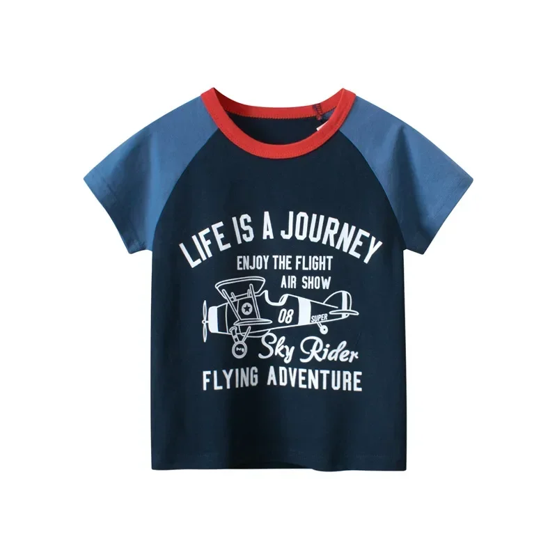 2025 Summer T-shirt for Boys Airplane Print T Shirt Kids Tops Tees Short Sleeves Cartoon Baby Clothes 2-10 Years Dropship