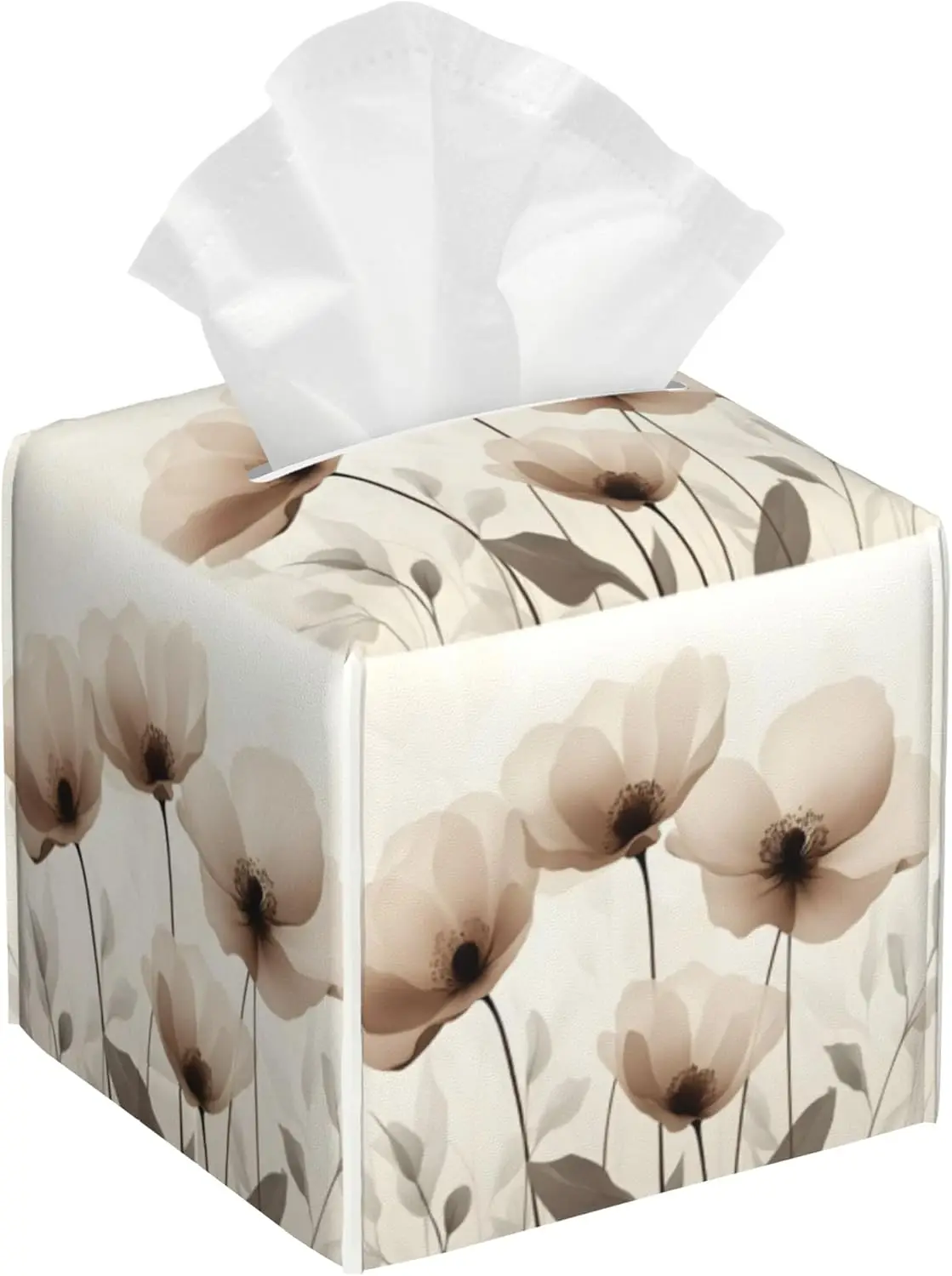 Brown Floral Leaves Spring Tissue Box Cover Waterproof Leather Tissue Cube Box Holder Square Facial Paper Organizer Dispenser