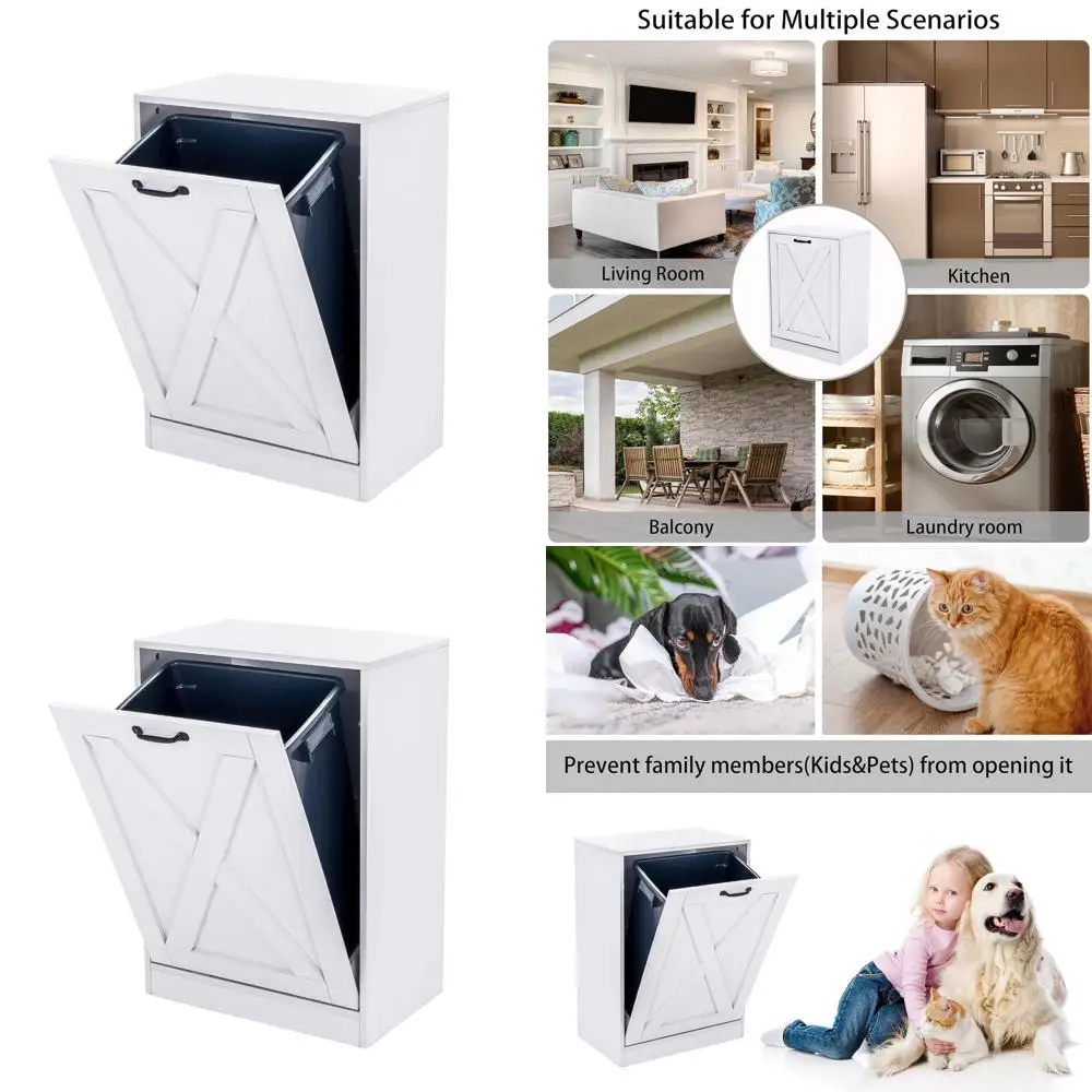 

Белый деревянный отдельно стоящий кухонный шкаф для мусора и переработки с наклонным контейнером емкостью 13 галлонов