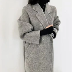 2024 Wool Coats For Women Notched Double Breasted Belt Coats Female Luxury Elegant Clothing 2023 Spring Winter New