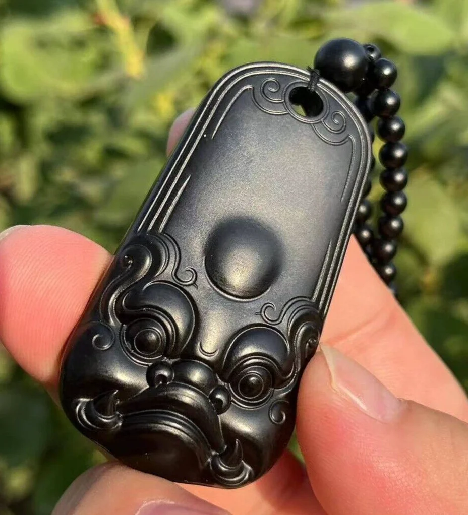 CERTIFIED 59.2g 100% NATURAL NEPHRITE BLACK JADE HAND CARVED FOO DOGS PENDANT