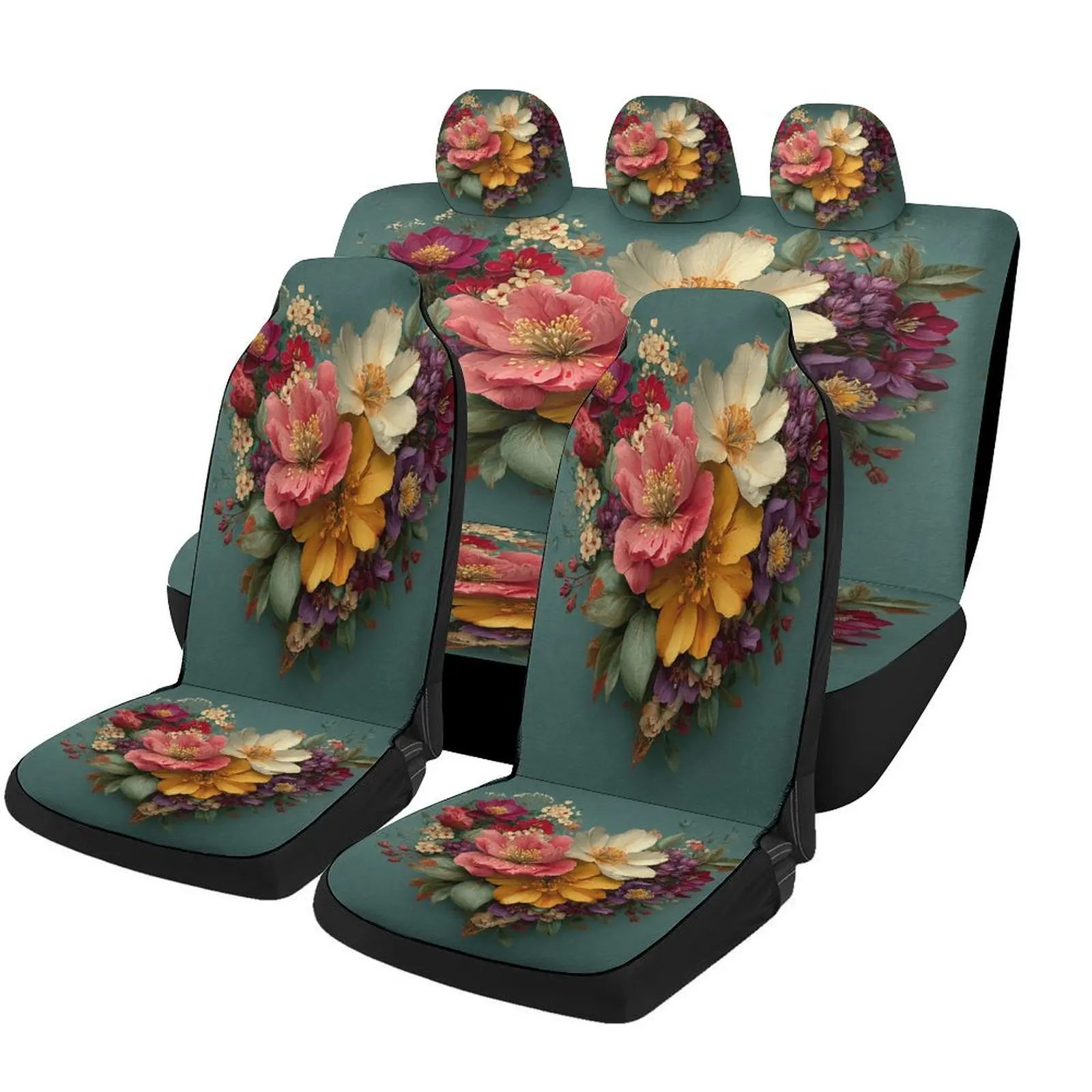 Set Of Floral-Patterned Car Seat Covers Suitable For Various Vehicles, Stylish And Breathable Covers For The Entire Seating Area