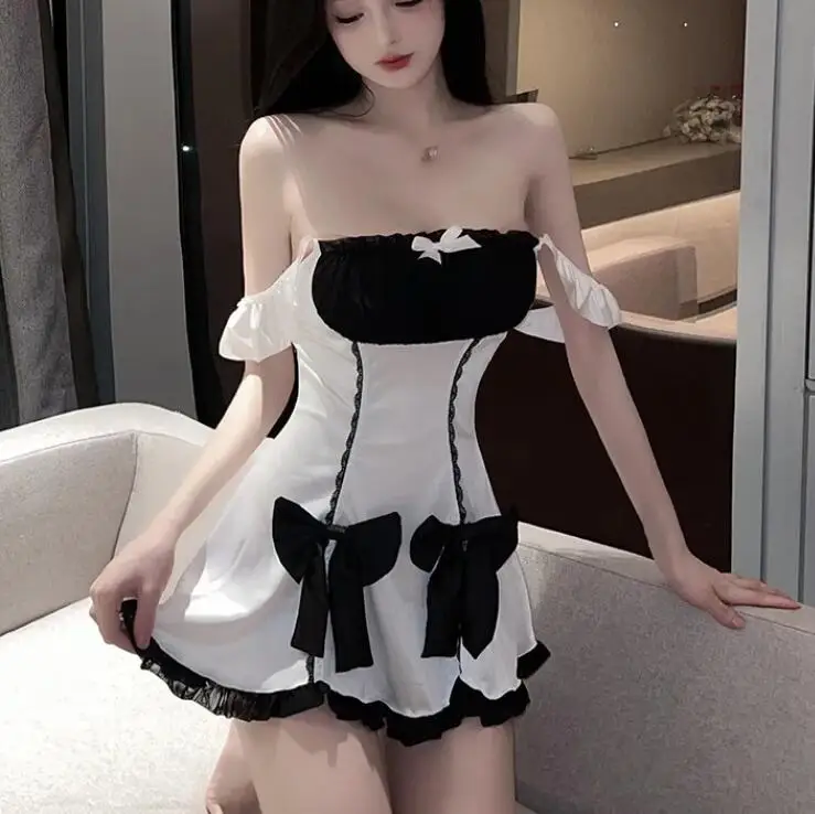 High Quality Maid Mini Dress Tops 2023 Summer Sexy Servant Dress Elegant Bow Tie Fashion Slash Neck Sweet Korean Women Sexy New