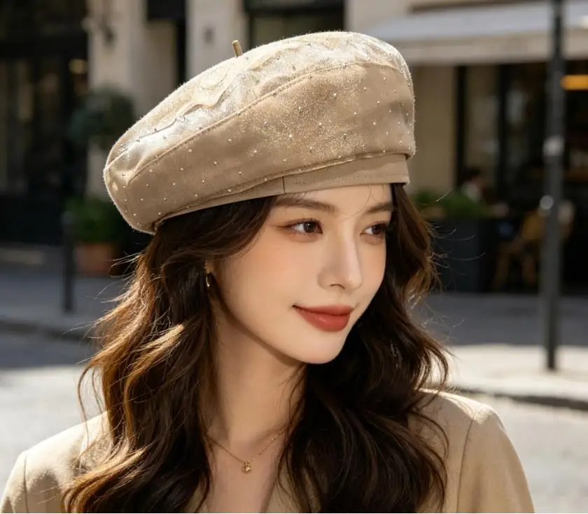 벨벳 풀 다이아몬드 베레모 여성용, 블랙 레트로 문학 레이디 따뜻한 화가 모자, 가을 및 겨울