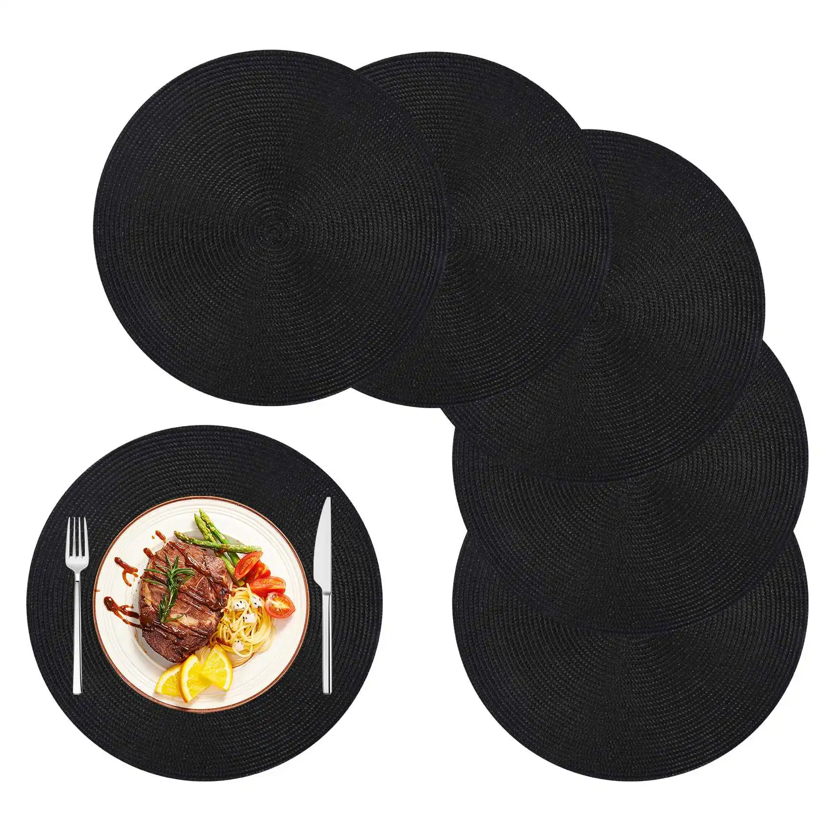 Round Braided Placemats Set of 6 Table Mats for Dining Tables Woven Washable Non-Slip Place Mats 15 Inch Halloween Black