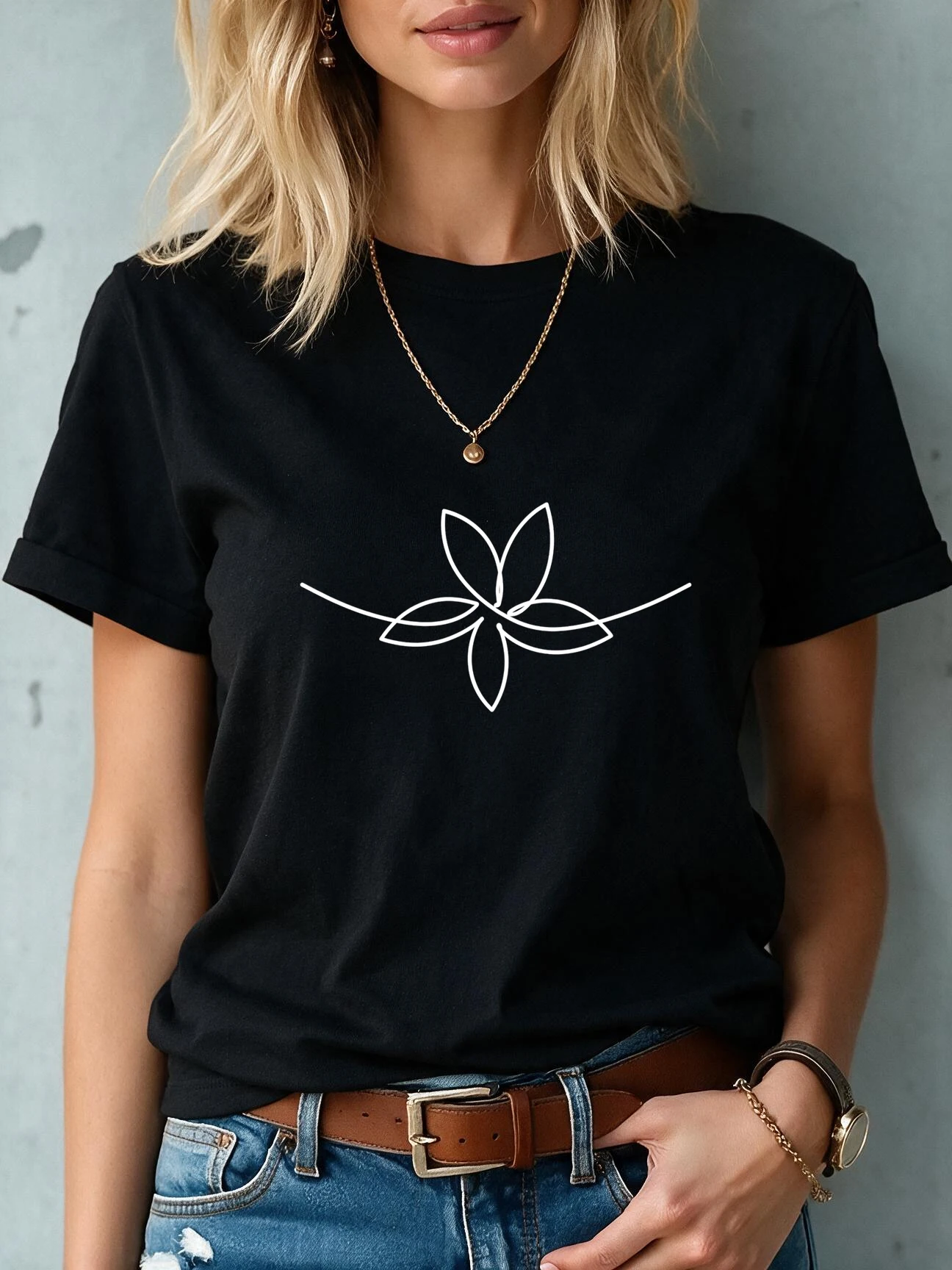 Women'S T-Shirt with Extremely Simple Thread with Five Petals Flower Print Casual Short Sleeve T Shirt Vintage Tees Tops Clothes