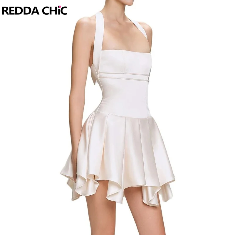 

REDDACHiC Women Bandage Halter Pleated Dress Kawaii Cream-white Irregular Ruffle Off-shoulder Slim Mini Dress Summer Clothes