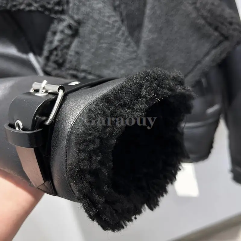 Garaouy 2023 Winter Women Black Faux Leather Lambwool Short Motorcycle Jacket Female Thicken Warm Double Sided Coat Outwear Chic