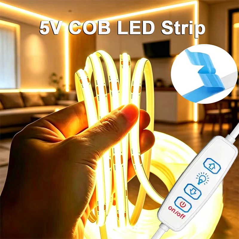Tira de luz LED COB regulable, cinta de diodo flexible USB de 5V con interruptor de 3 teclas para habitación, TV, espejo, retroiluminación, luz de gabinete