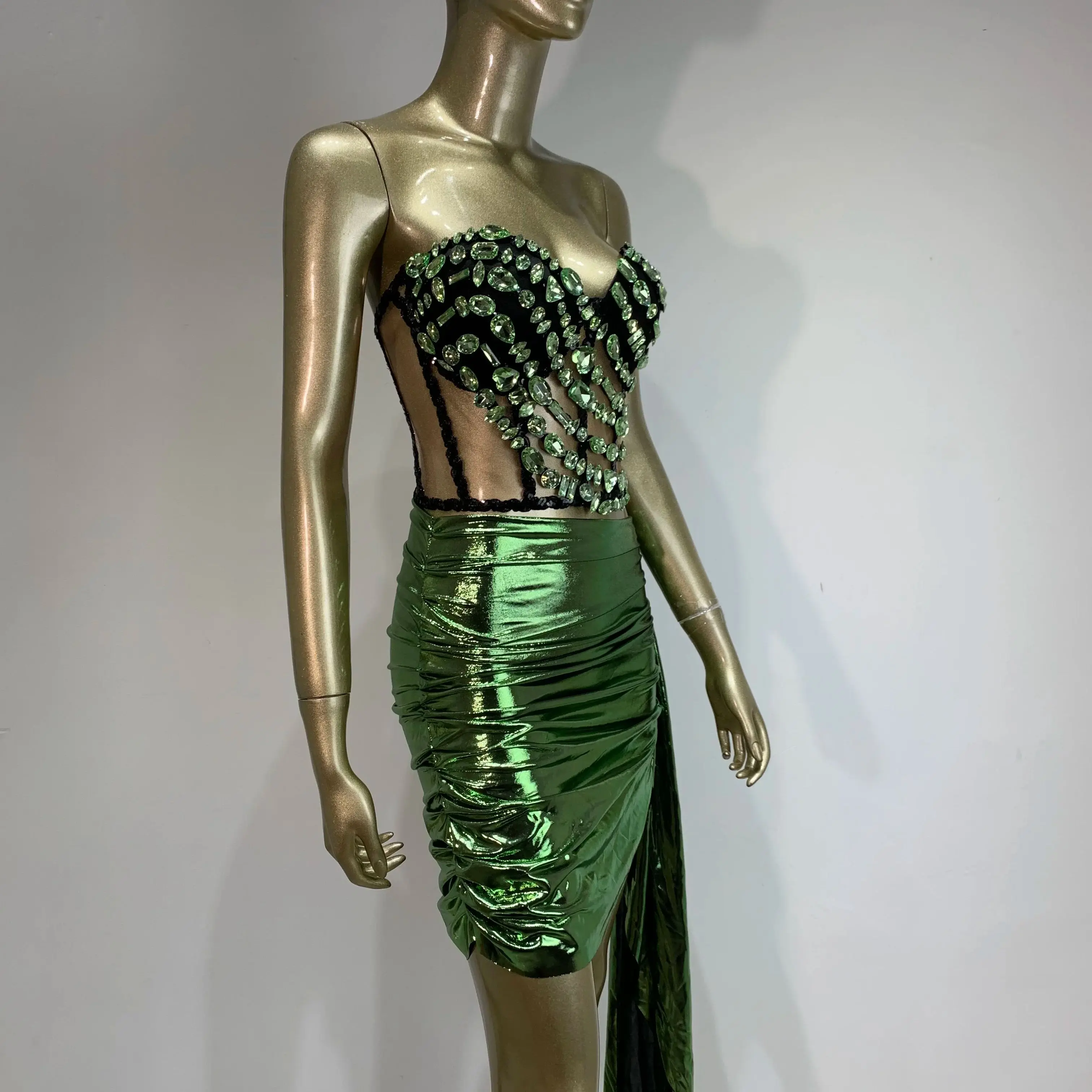 STOCK Women Sexy Sparkly Rhinestone Strapless Skirt Set Performance Costume Evening Party Female Singer Dancer Stage Show Wear
