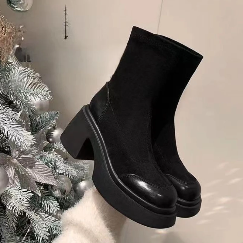 Women's Ankle Boots Elastic Round Toe Booties Work Pu On Promotion Sale Offer Footwear New Rock Goth In Hot Female Short Shoes