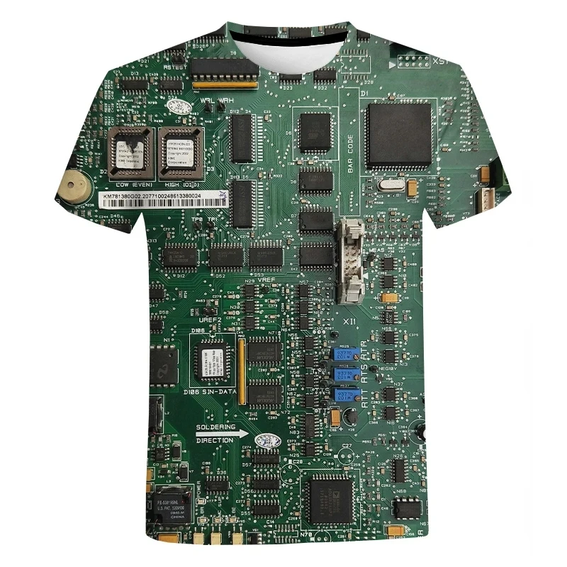 Summer Popular Circuit Board Pattern Men\'s T-shirt Casual Electronic Chip Creative Round Neck Comfortable Short Sleeved Top