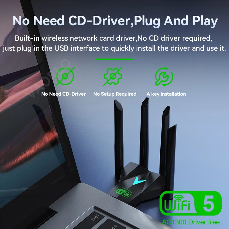 1300Mbps WiFi USB Adapter Dual Band 2.4G+5.8G Driver-free 4 Antennas USB 3.0 High-Speed Wireless Card WIFI Hotspot Sharing PC